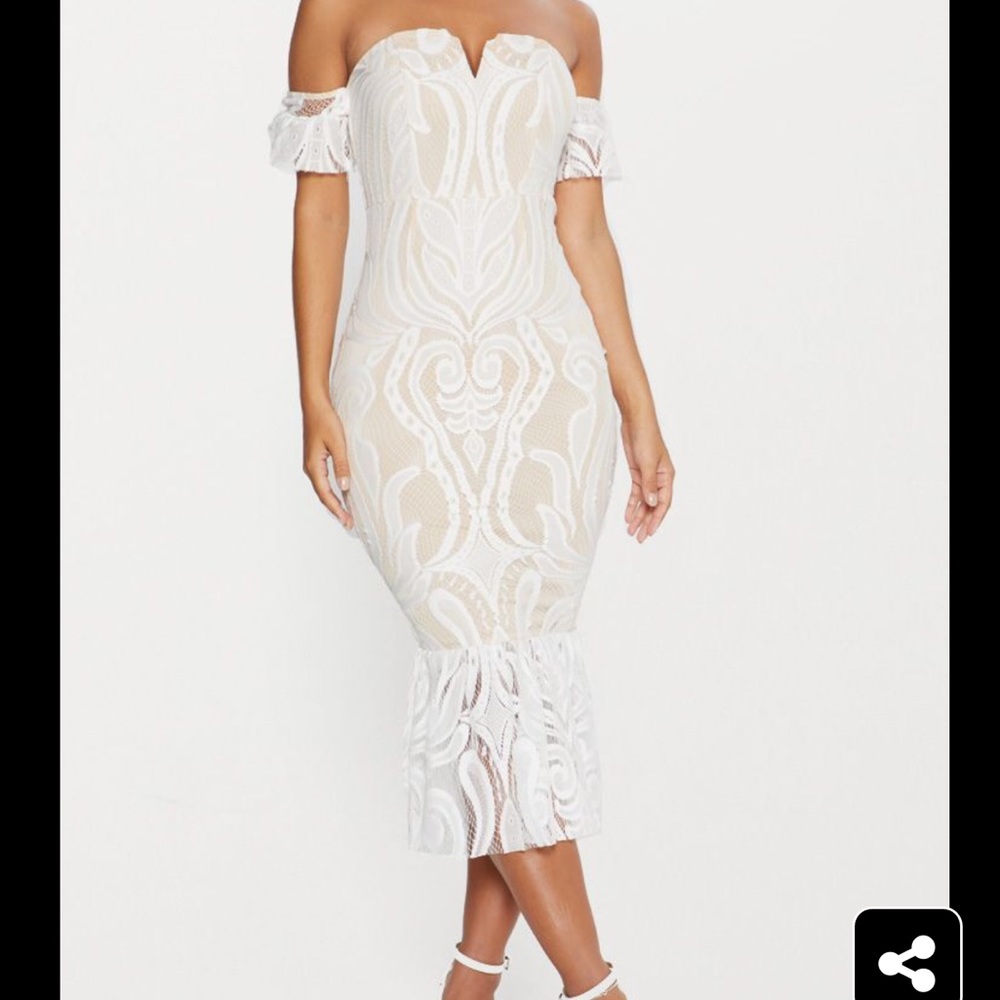 White Bardot Lace Frill Hem Midi Dress